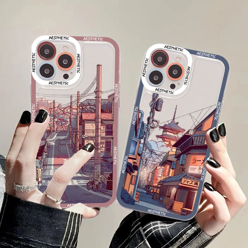 Japanese Hand Painted House Scenery Phone Case For IPhone 11 12 13 14 Mini Pro Max XR X XS TPU Clear Case For 8 7 6 Plus SE