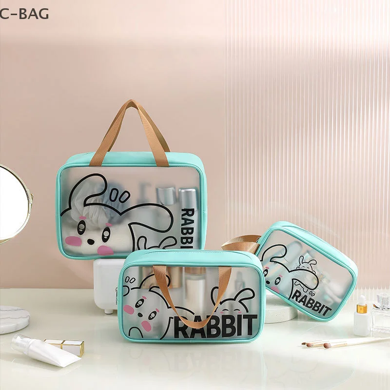 

Cartoon Rabbit Transparent PU Cosmetic Bag Handbag Makeup Storage Bag Travel Toiletries Bag Large-Capacity Waterproof Wash Bag