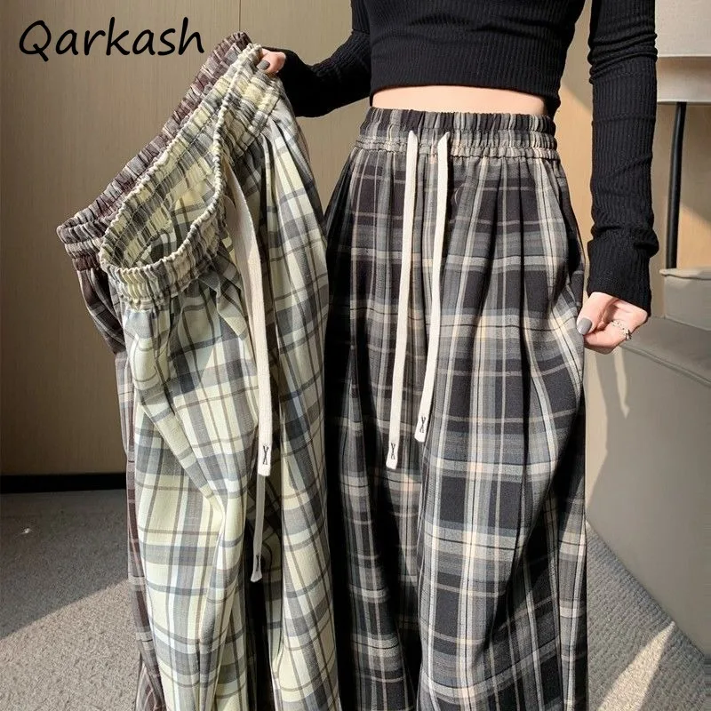 

Plaid Pants Women High Waist Loose Straight Trousers Vintage Summer Absorb Sweat Cozy Korean Fashion All-match Casual Plue Size