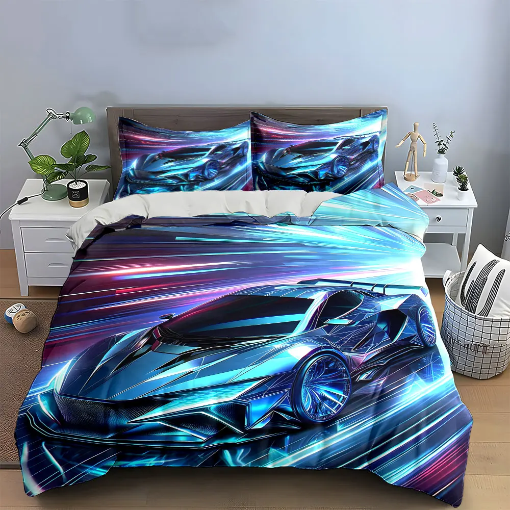 Futuristic Ice Blue Hypercar Bedding Set, Neon Light Speed Racing Car Print Duvet Cover Set,Metallic Cool 3PC For Teen Boy Room