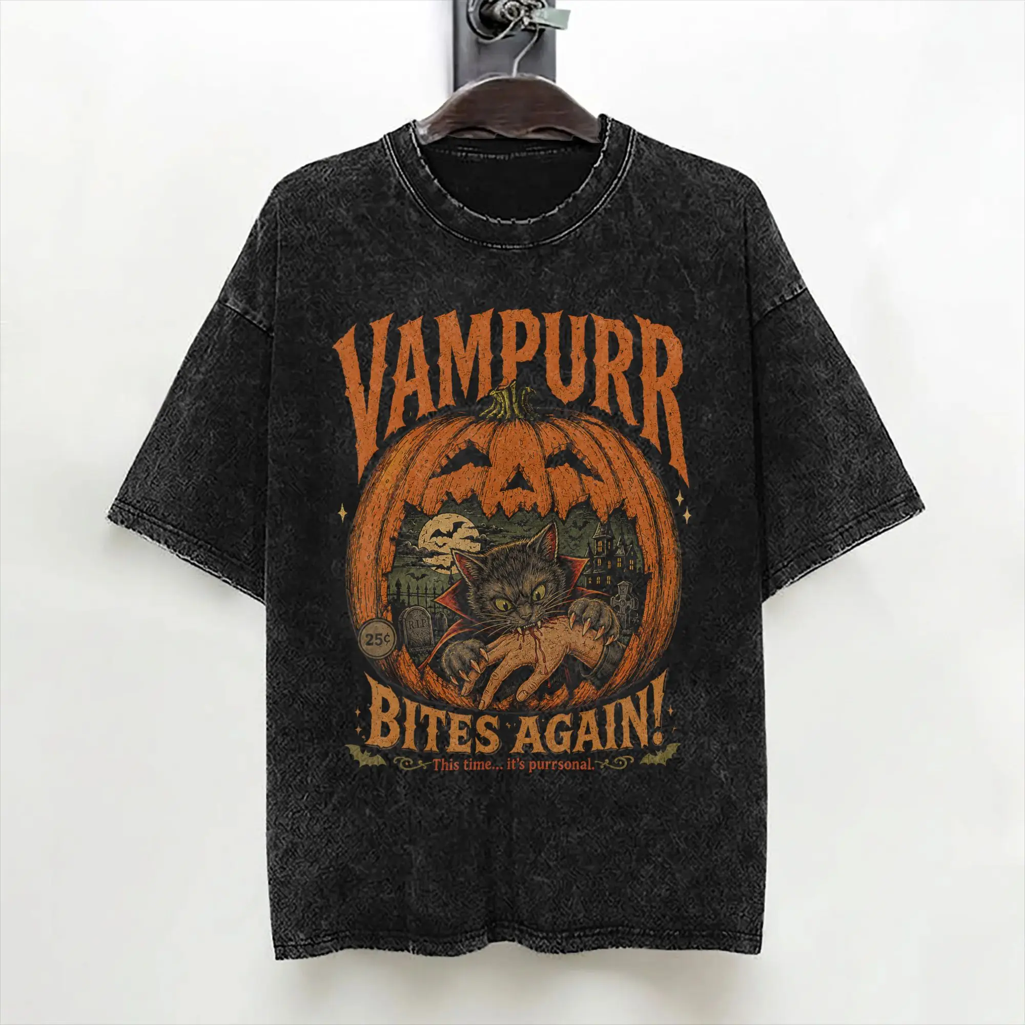 Pumkin Vampurr Bites Again Halloween Vampire Cat Washed T Shirts Streetwear T-Shirt  Tees for Men Women Short Sleeve