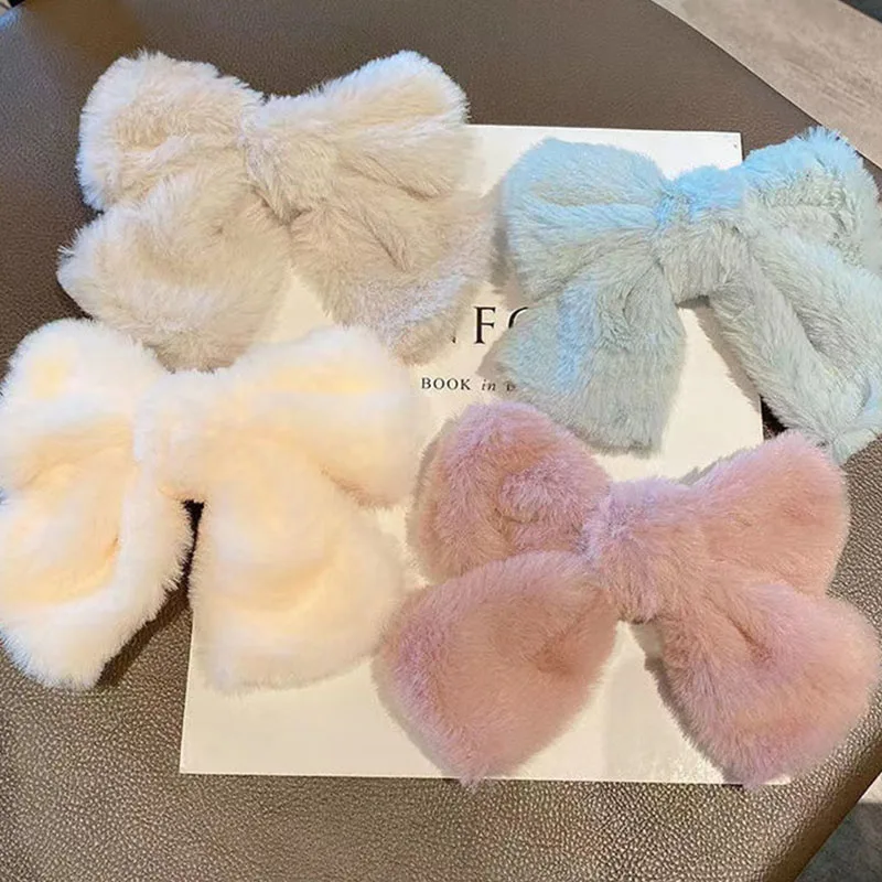 AISHG Winter Cute Plush Bowknot Hairpin Women Korean Simple Solid Color Bow Hair Clips Large Barrette for Girls Hair Accessories