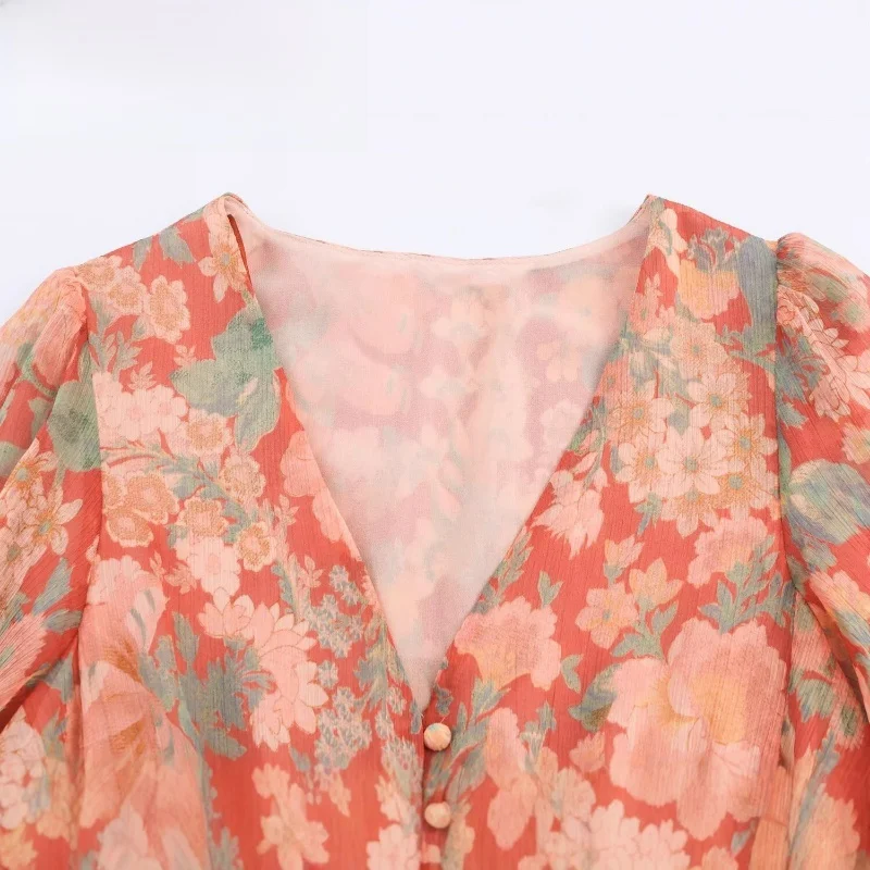 ファッショナブルな花柄プリント、ボタンアップ、Vネック、ランタンスリーブ、ショート丈、ウエストシェイプ、レディース、2025年秋新作、Aラインワンピース