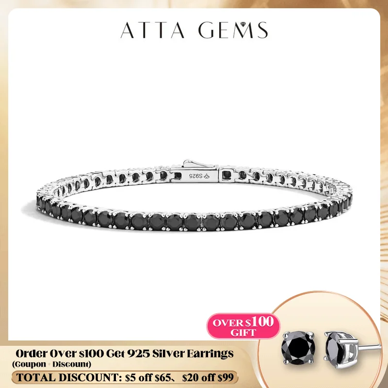ATTAGEMS Top Quality Round Cut 3.0mm 3.5mm Black Moissanite Tennis Bracelet For Man Women S925 Silver Pass Diamond Test Jewelry