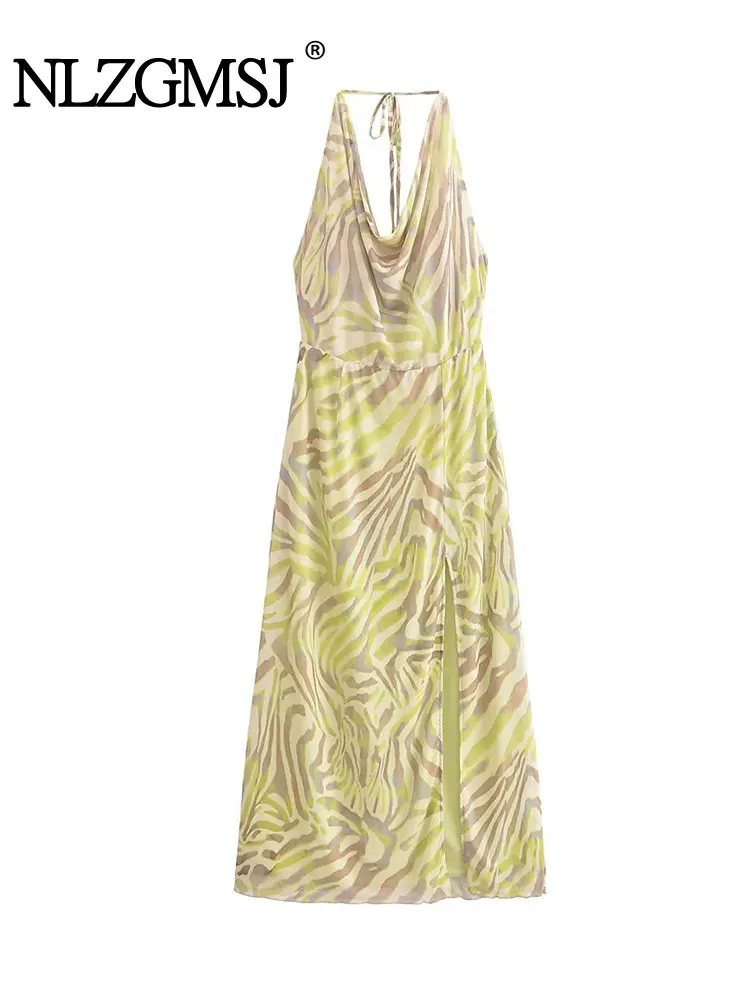 Abito da donna sexy chic con scollo a V Cami Halter Bow Ruffles Abito lungo dritto con lacci Nuovo abito da club alla moda