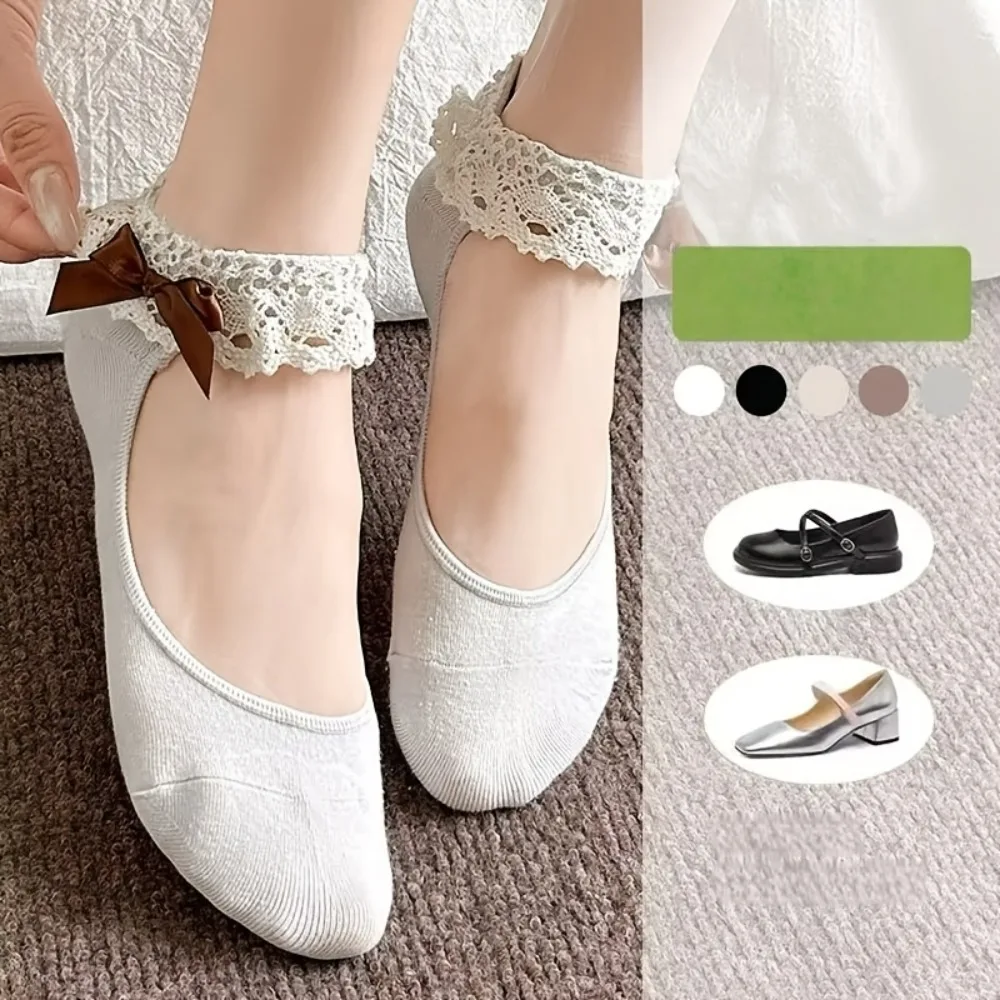 3 Pair Summer Versatile JK Short Socks Pairing with Shoes Versatile Mid Calf Socks Lace Bow Trim Boat Socks Random