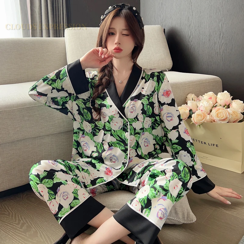 Spring Summer Ladies Faux Silk Polyester Elegant Pajama Sets Sexy Homewear Womens Casual Luxury Pajamas Pajamas Female Sleepwear