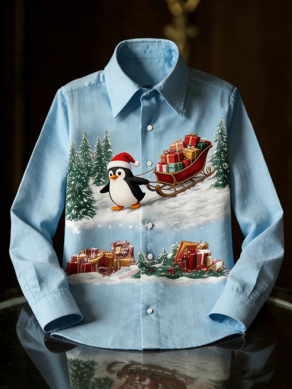 2026年 メンズ新作 リネン クリスマス スキー 新年ギフト 3Dプリントシャツ ハワイアン カジュアル ホームパーティー 長袖Tシャツ 男性用
