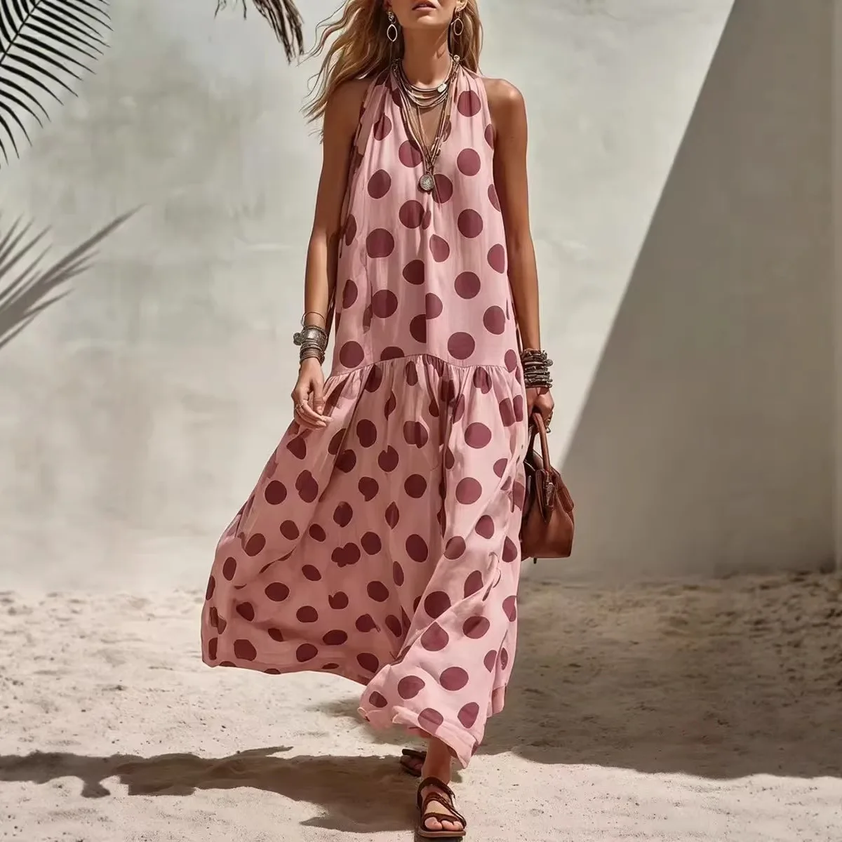 

Women Fashion Polka Dot Long Dress V-neck Sleeveless Tiered Hem Loose Fit Casual Spring Summer Dress For Beach & Vacation