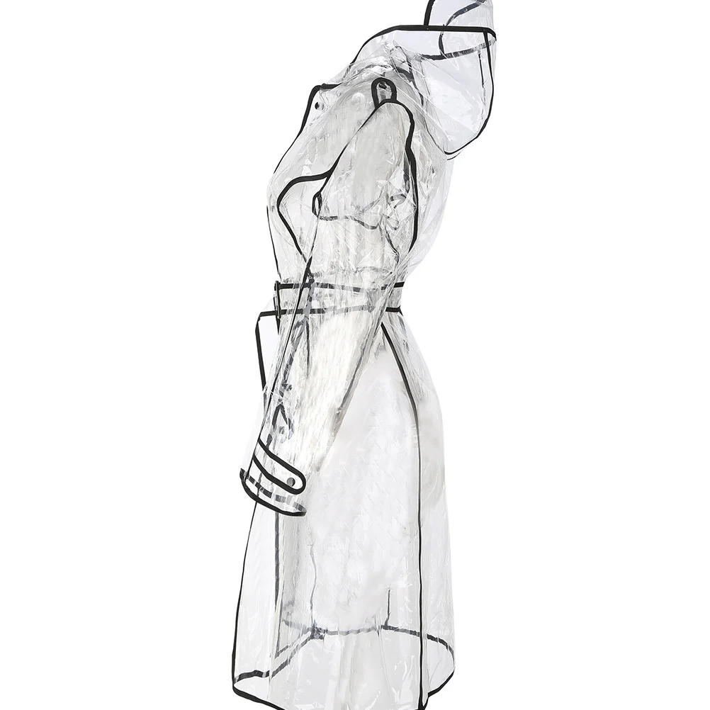 

Transparent Eva Raincoat Size L Women Mid-Long Hooded Belt Black Lightweight Fashion Rainwear for Rainy Days Outdoors