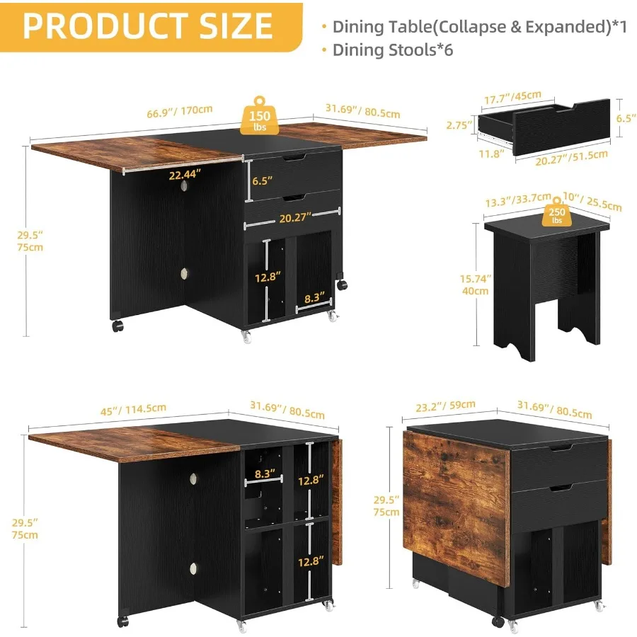 طقم طاولة طعام قابلة للطي مكون من 7 قطع مع 6 كراسي لـ 6 أشخاص 66.9 طاولة غرفة طعام خشبية للمطبخ مع مخزنين