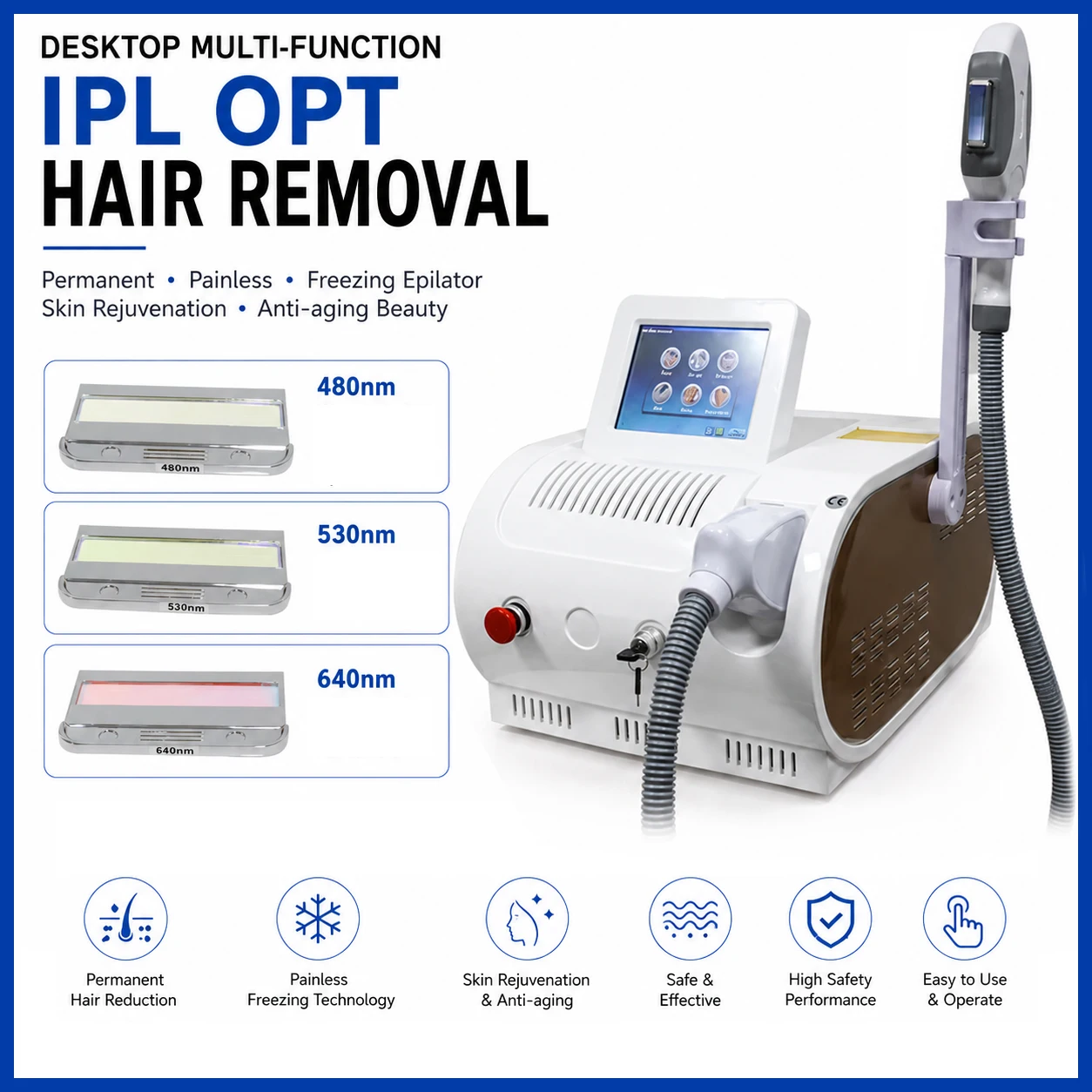 Desktop Multi-function IPL OPT Hair Removal Machine Permanent Painless Freezing Epilator Skin Rejuvenation Anti-aging 640 480nm