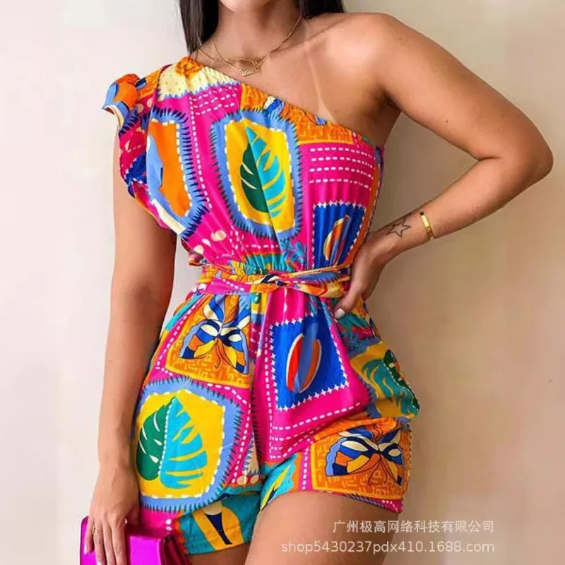 2024 Summer New Women\'s Clothing One-Shoulder Diagonal Collar Tube Top Printed One-Piece Shorts