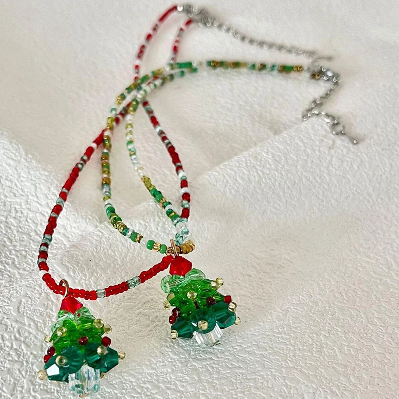Christmas New Niche Ambiance Necklace Handmade Colorful Beaded Collarbone Chain Crystal Glass Christmas Tree Pendant image 4