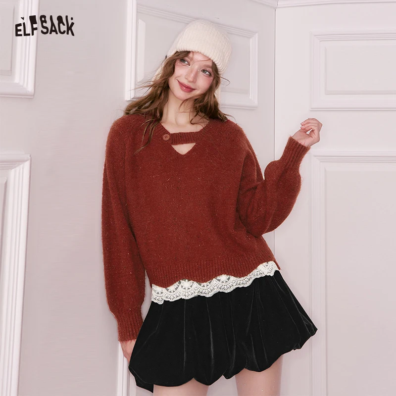 

ELFSACK Elegant Classic Solid V Neck Cutout Lace Trim Sweater For Women
