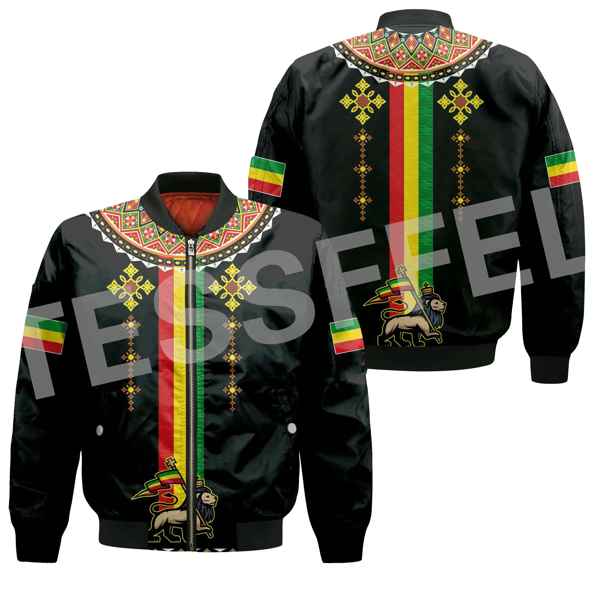 Ethiopia County Flag Kente Reggae Africa Tribe Lion Retro 3DPrint Unisex Harajuku Winter Coat Casual Windbreaker Bomber Jacket X