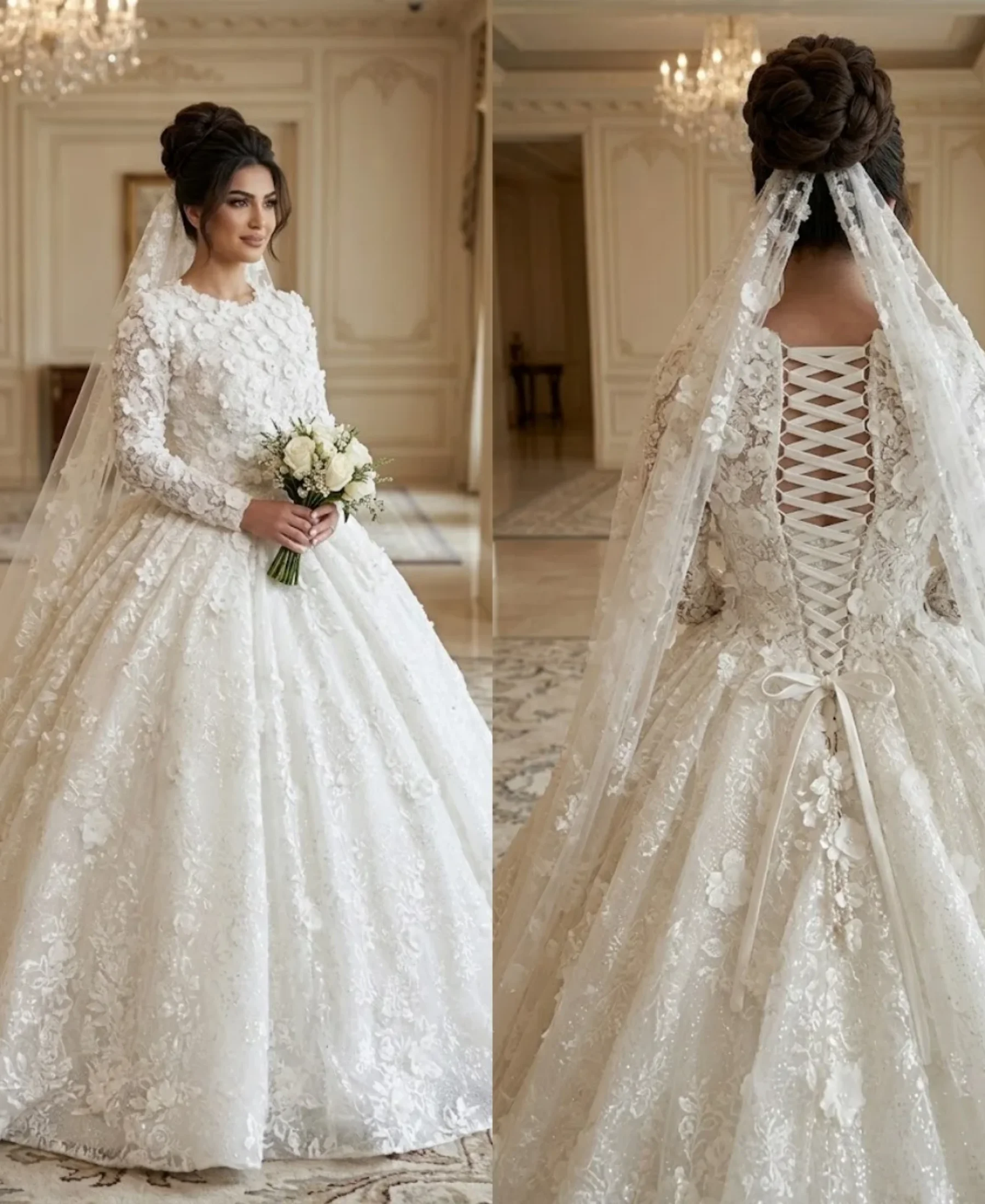Luxury 3D Floral Muslim Ball Gown Wedding Dress new Long Sleeve Corset Back Bridal Gown Plus Size Vestido De Novia Customized