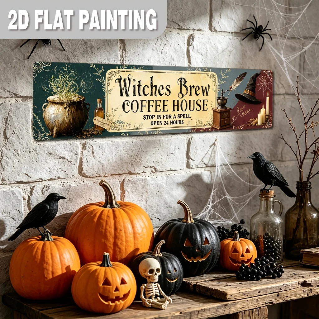 CIFBUY Autumn Halloween Witch Brew Cafe Metal Sign Rustic Farmhouse Decor Waterproof Durable Aluminum Wall Art Home Kitchen Brea