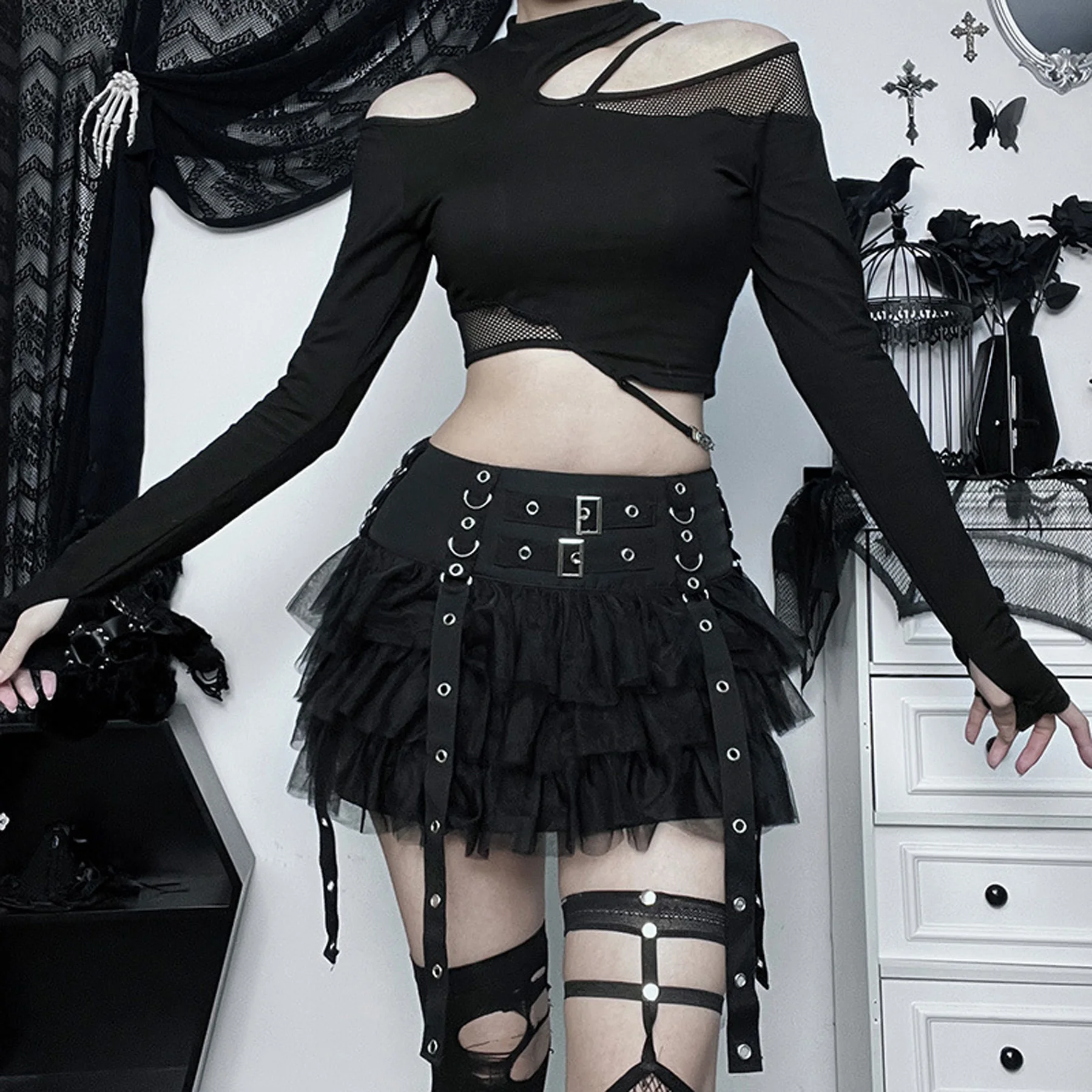 Jirai Kei Y2K Gothic Mini Skirt Women Black High Waist Multi Layer Tulle with Buckle Strap Harajuku Party Club Skirt