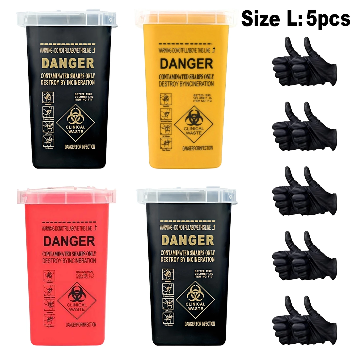 1L Sharps Container Biohazard Needle Disposal Box with 5 Pairs L Size Nitrile Gloves Tattoo Studio Supplies Tattoo Accessories