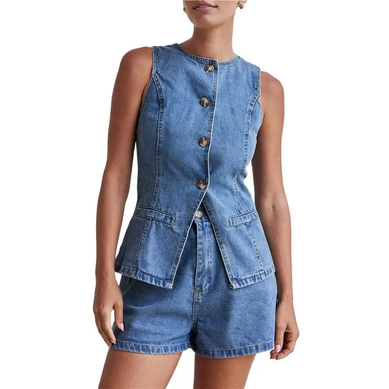 TEXU Female Denim 2 Piece Set Casual Business Sleeveless Jean Blazer Vest Tops And Shorts Outfit Tracksuits