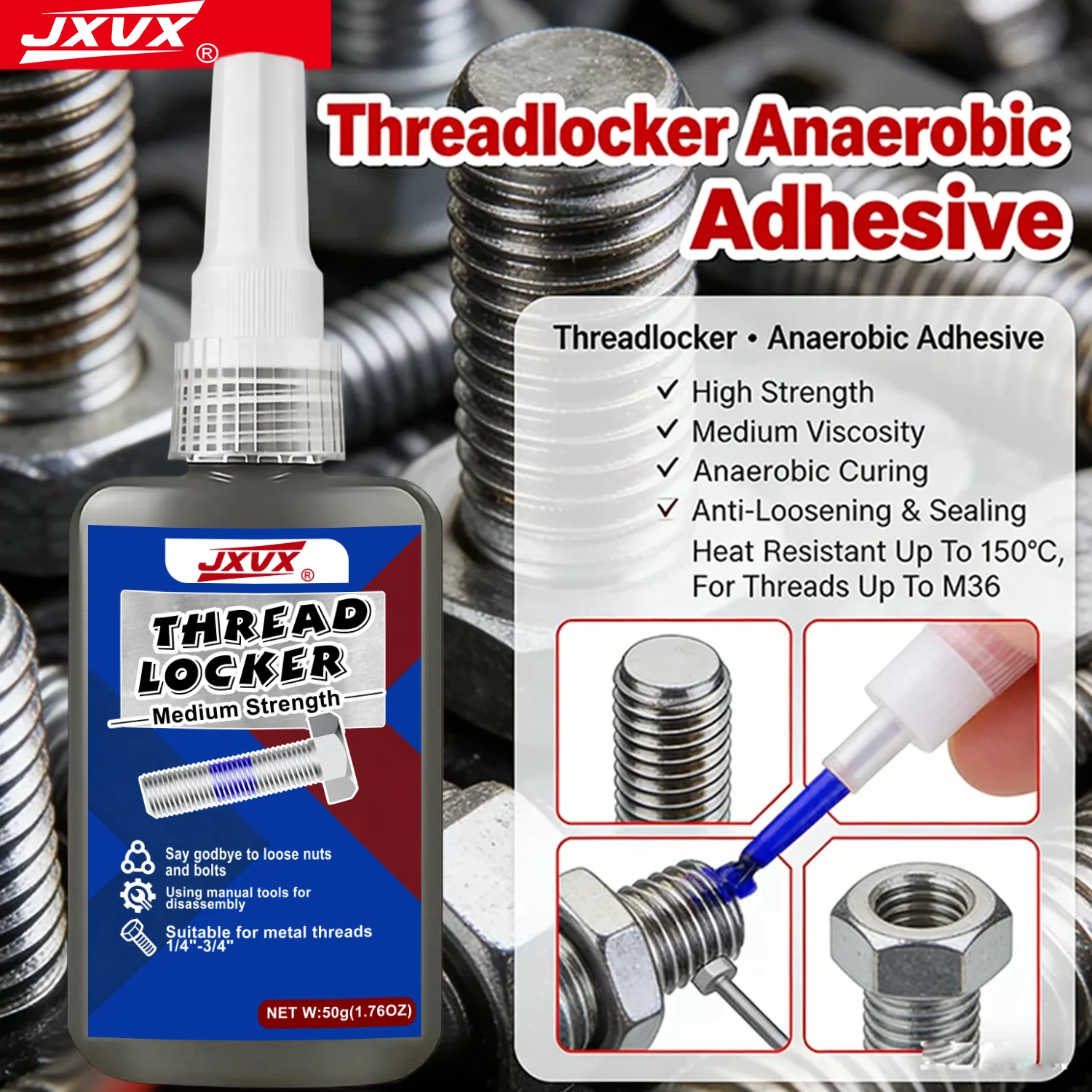 Threadlocker 243 Thread Anaerobic Epoxy Adhesive Medium Strength  Threadlocking Compound Vibration-Resistant Anti-Loosening Adhesive Removable High Temperature Resistant 50ml.