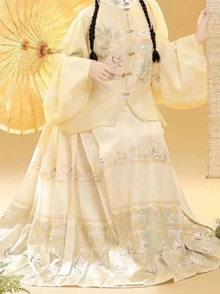 مقاس كبير 10XL فستان هانفو صيني للنساء تأثيري سلالة مينغ القديمة تنورة مطرزة على وجه الحصان هانفو زي نسائي