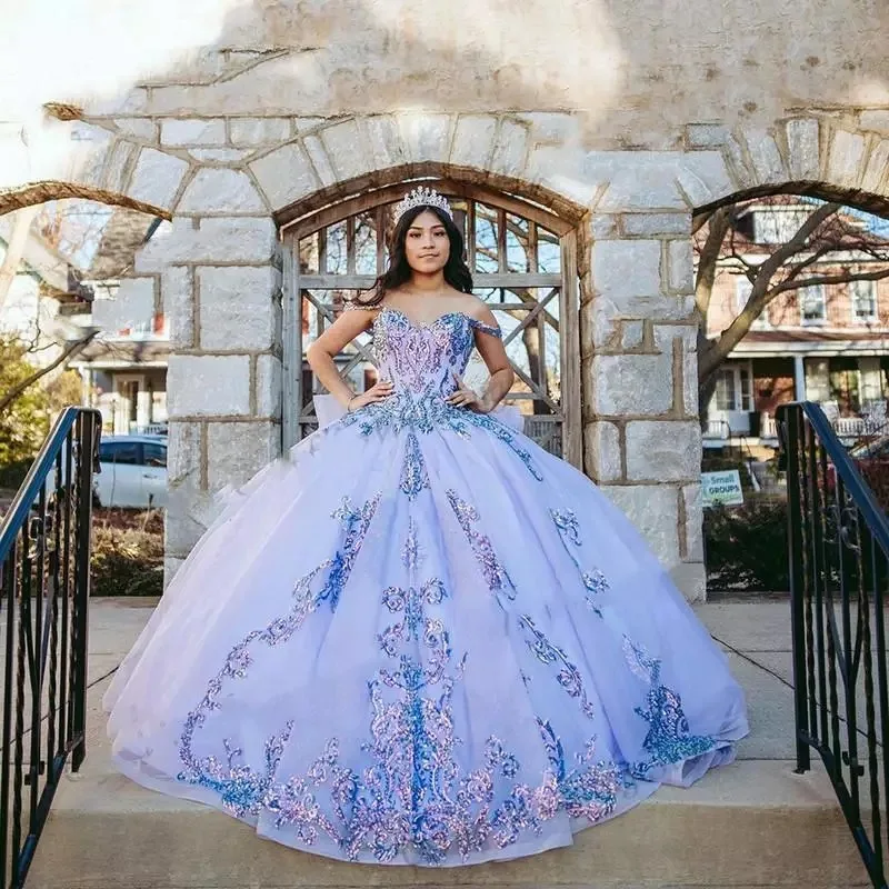 فستان Quinceanera الحلو مع القوس ، قبالة الكتف ، فستان حفلة موسيقية ، زين الدانتيل ، مسابقة الجمال ، فستان حفلة الأميرة