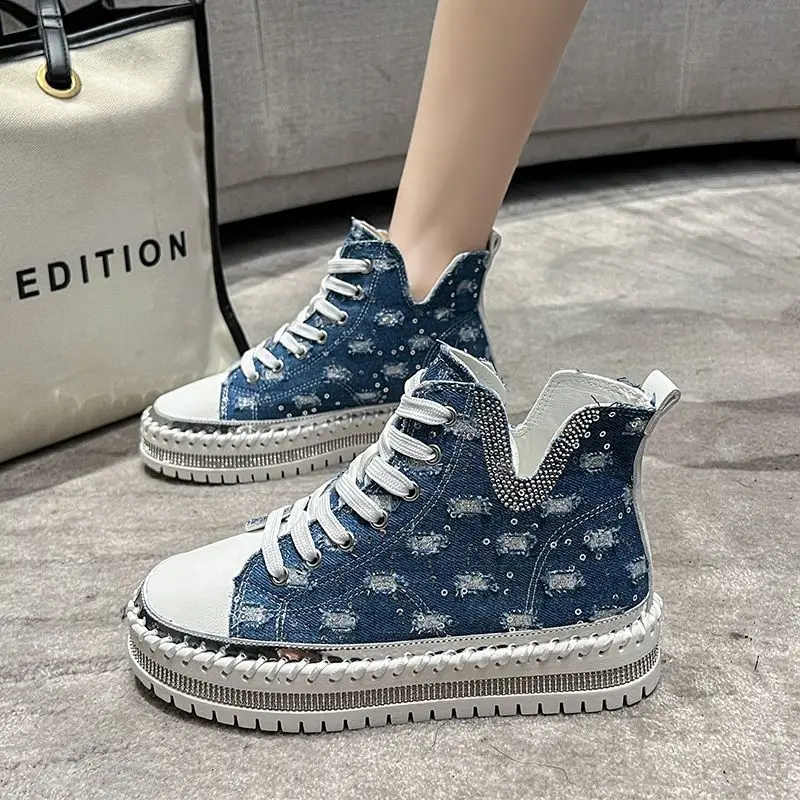 

Women's Sports Shoes Casual Platform High-top Canvas Shoes Autumn Chic V Neck Rhinestone Sewing Lace-up Girl's Sneakers Fashion