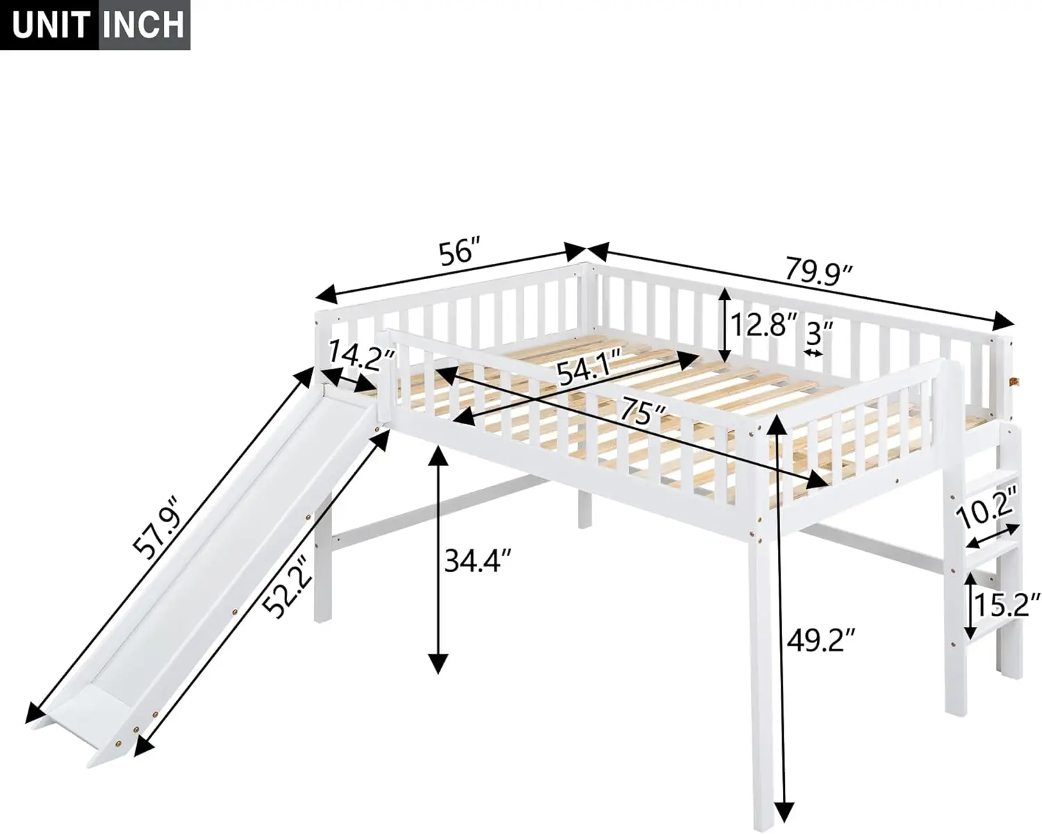 Full Size Junior Wood Loft Bed With Slide Loft Bunk Bed For Girls Boys,Easy Assemble,White