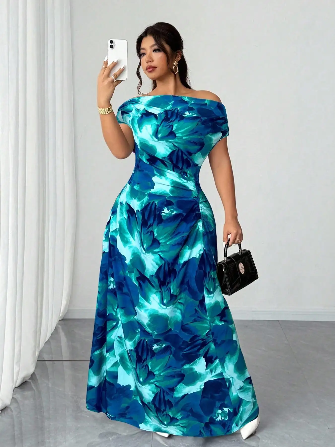 Plus Size One-Shoulder Dress, Bold All-Over Print, Fitted Waist Pleated Satin Midi, Elegant Party Evening Gown, Sleeveless view 4