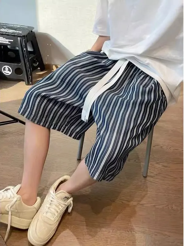 

Свободные мужские повседневные брюки в полоску, летние спортивные брюки с пятью четвертью, прямые брюки с широкими штанинами, японский ретро, большие размеры