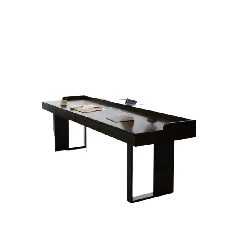 Simple black solid wood desk, home parent-child study living room office computer desk, large board ash wood