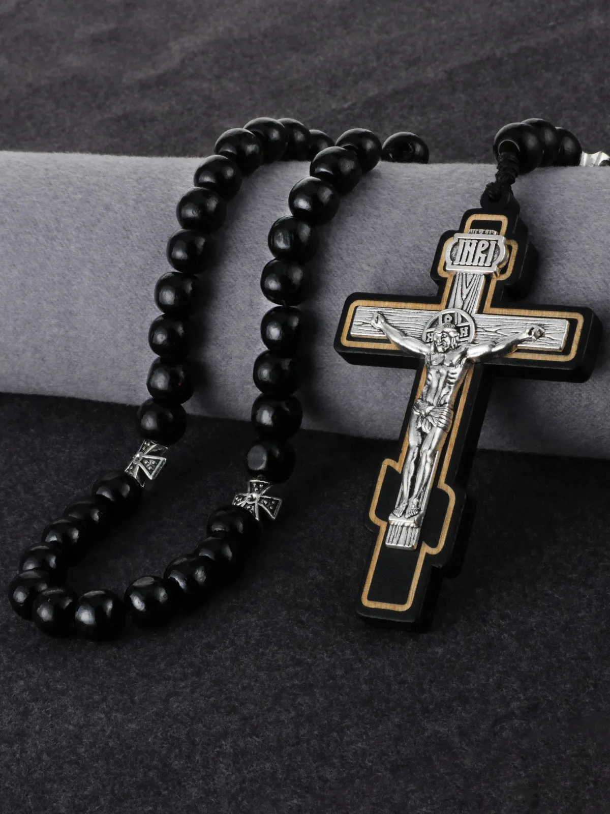 Orthodoxer Holzperlen-Rosenkranz mit INRI-Kruzifix, Jesus Christus Medaillen-Halskette, handgefertigte Gebetsperlen, Auto-Hängedekoration – Detail 10