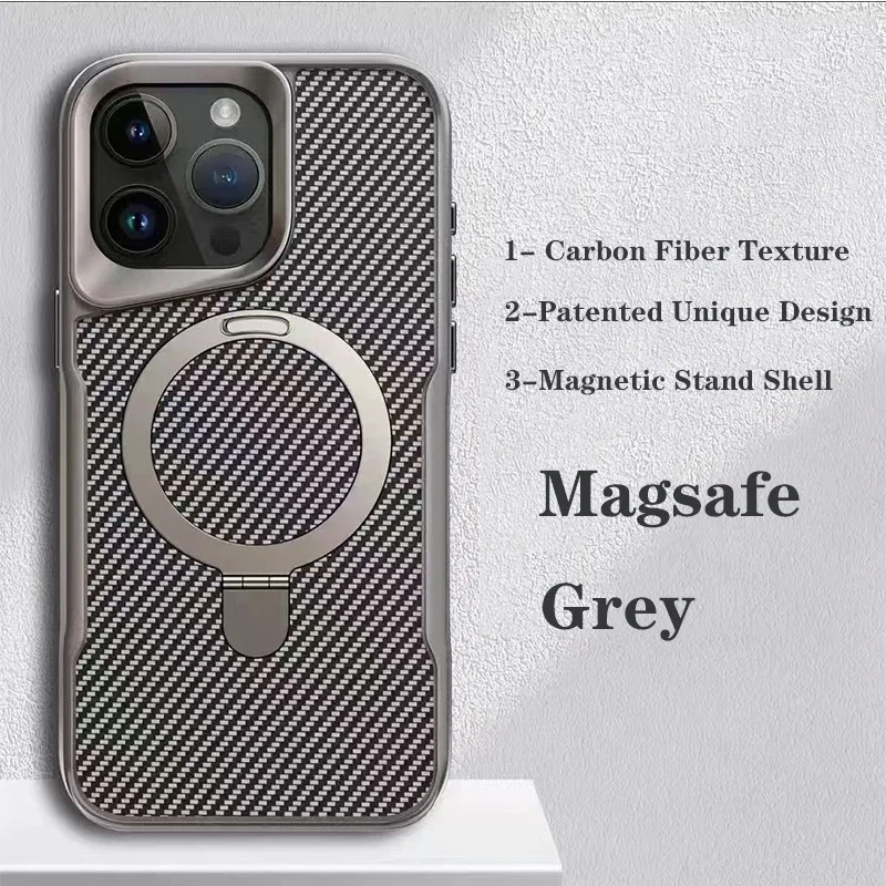 Soft Frame Metal Ring Stand Holder Bracket Case For iPhone 16 15 Pro Max 14 13 12 Carbon Fiber Textured Backplate Magsafe Case