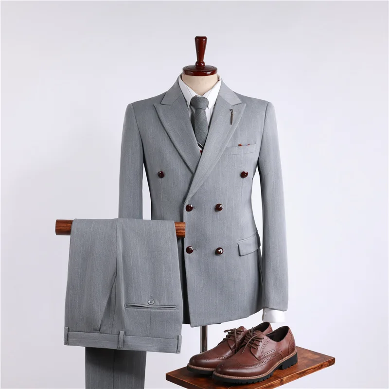 (25) Customized New Gray Striped Double-breasted Suit Suit for Men's Professional Formal Wear