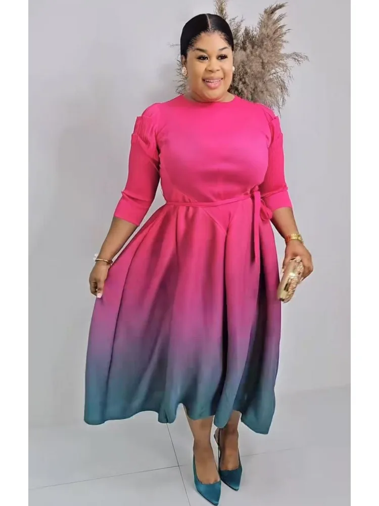 Miyake Pleated Women's Clothing 2025 New Gradual Change Splicing Round Neck Bubble Sleeves Temperament Loose Women's Dresses