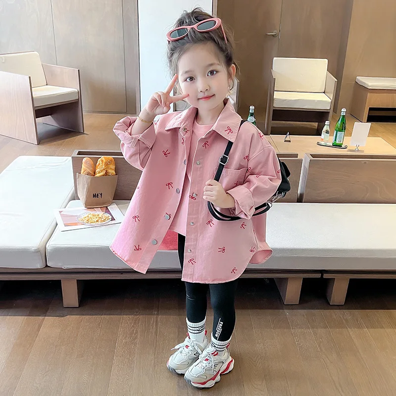 

Рубашка для девочек, весна-осень 2024, новая модная рубашка с бантом, куртка, модная, милая и милая, повседневная, универсальная, темпераментная