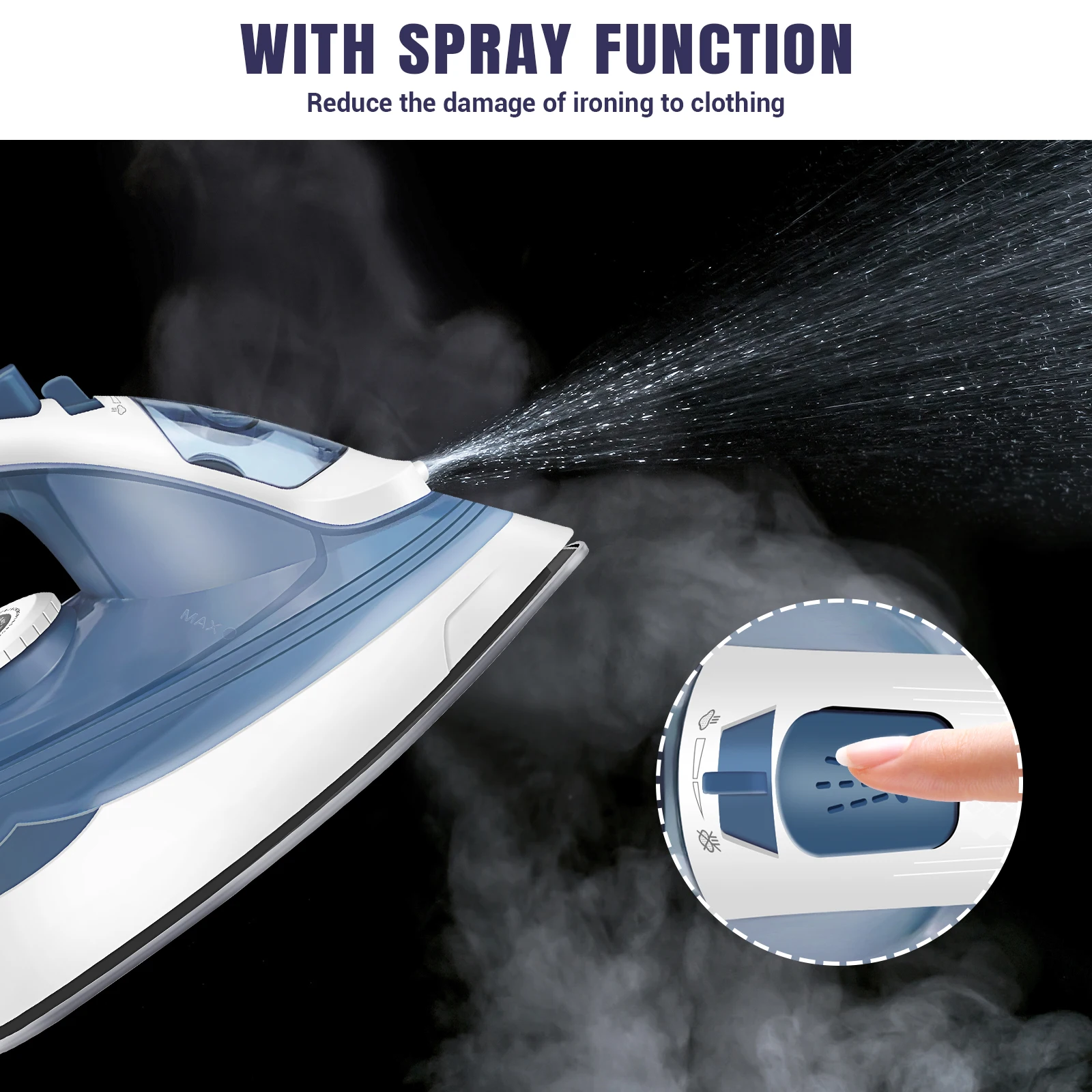 مكواة بخار كهربائية محمولة، قاعدة غير لاصقة من الفولاذ المقاوم للصدأ، تنظيم درجة الحرارة |   التنظيف التلقائي |   وظائف الرش