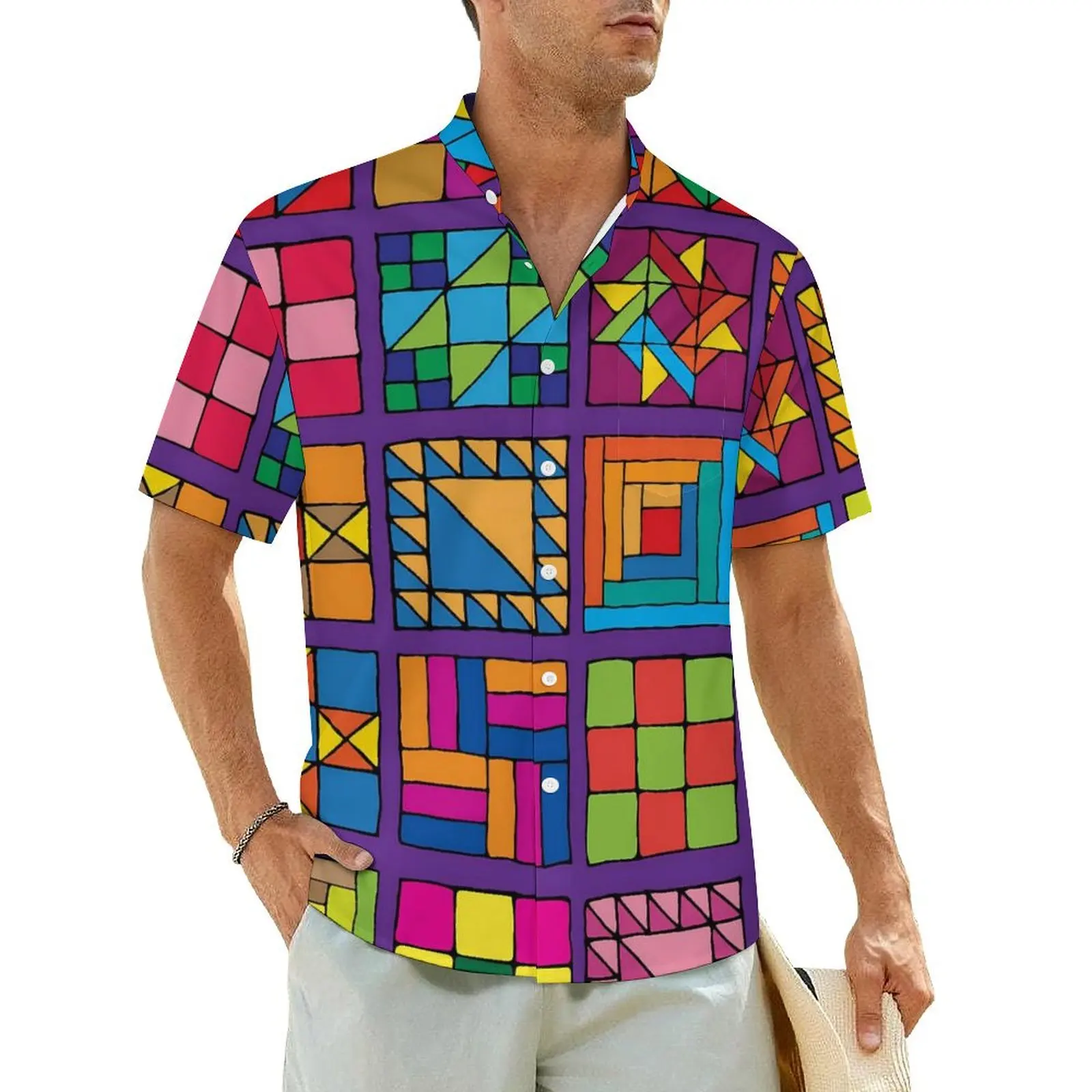 Camisa havaiana masculina retrô com bloco de cores, estampa de praia, camisas casuais, manga curta, confortável, blusas extragrandes