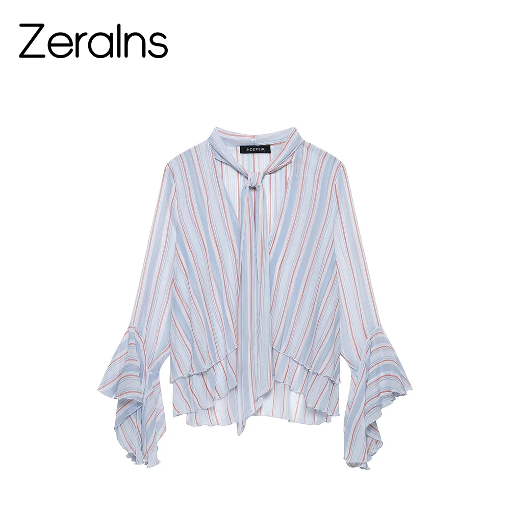 

ZERAINS 2026 Summer Clothing New Women's Versatile Micro Transparent Striped Ruffle Edge Drifting Shirt Top