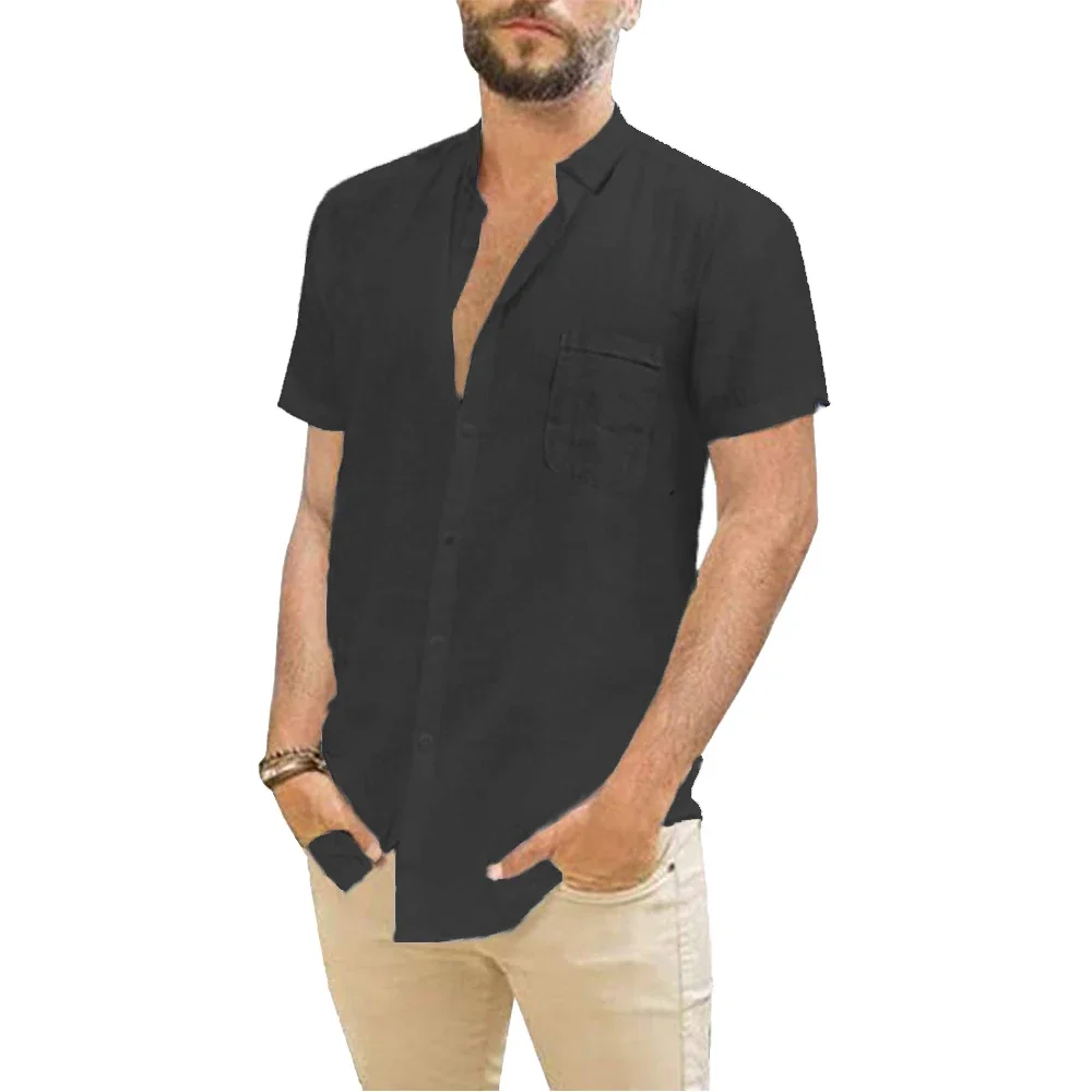 Cotton Linen Hot Sale Men\'s Short-Sleeved Shirts Summer Solid Color Turn-down collar Casual Beach Style Plus Size