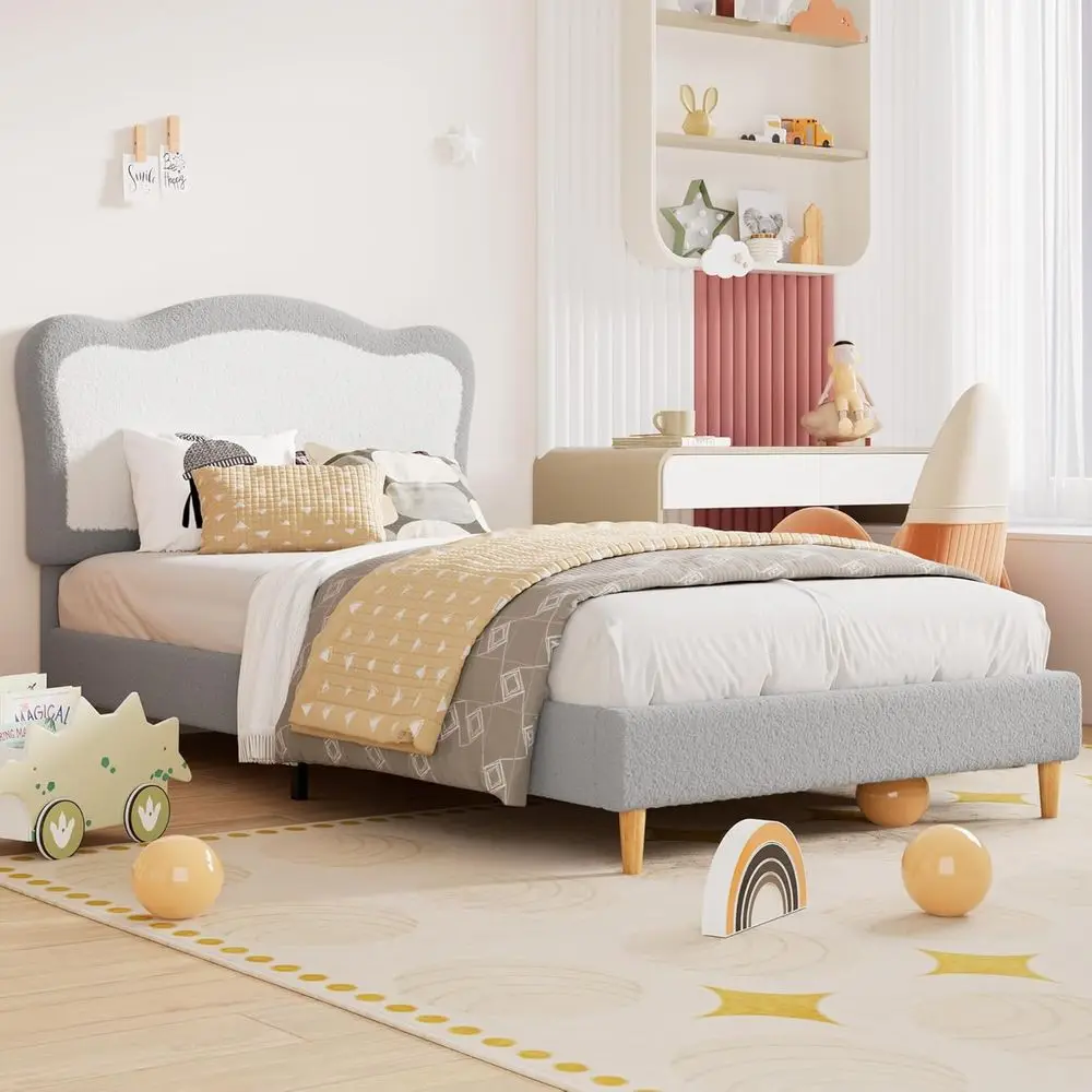 Velvet Kids' Full Bed Frame with Soft Headboard, Grey White, No Box Spring, Easy Assembly, Sturdy and Quiet