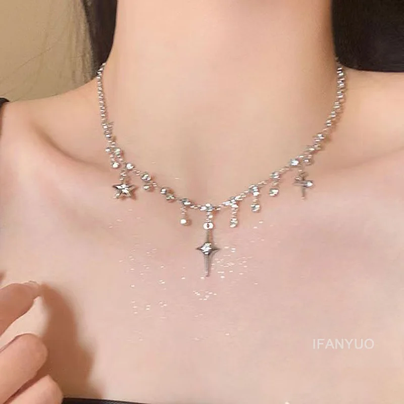 

Four Pointed Star Tassel Necklace for Women Zircon Cross Clavicle Chain Personality Silver Color Necklace Party Jewelry Decor