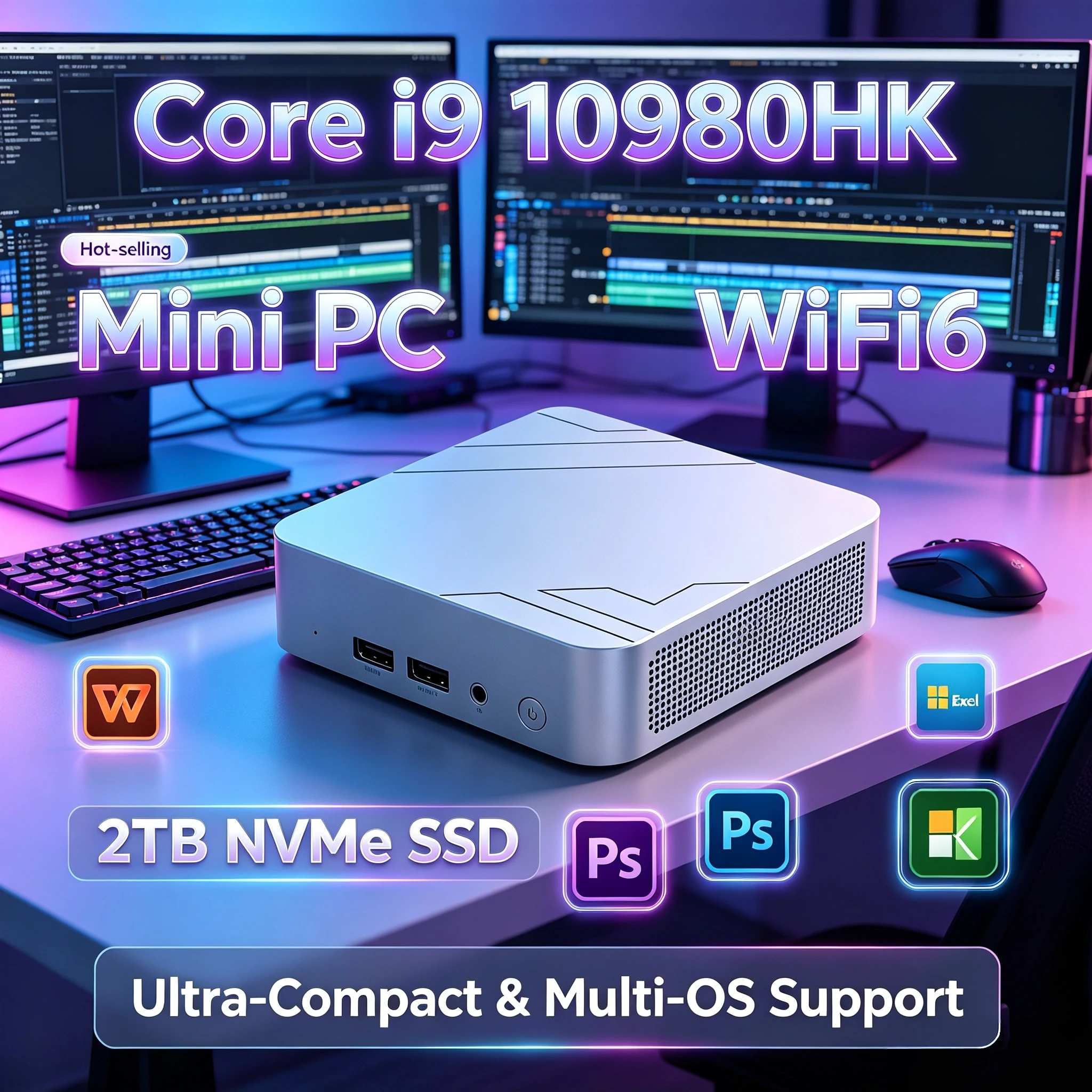 Intel Core i9 10980HK Small Mini PC 32GB RAM 2TB NVMe SSD Triple 4K Monitor WiFi6 High Performance Office Home Desktop Host