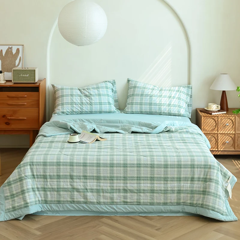 

Fashion Grid Pattern Cotton Summer Quilt Soft Breathable Air Conditioner Quilt For Adults Kids Washable Summer Bedding Blanket