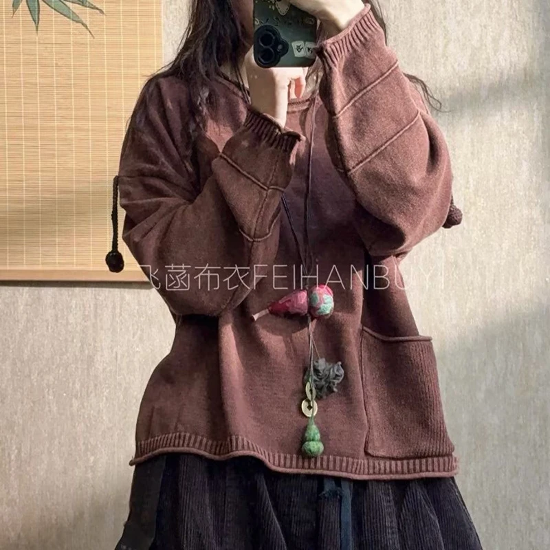 

2026 New Arrival Autumn/winter Women Pullover Loose Fit Round Neck Pockets Patchwork Vintage Long Sleeves Knitted Sweater F99