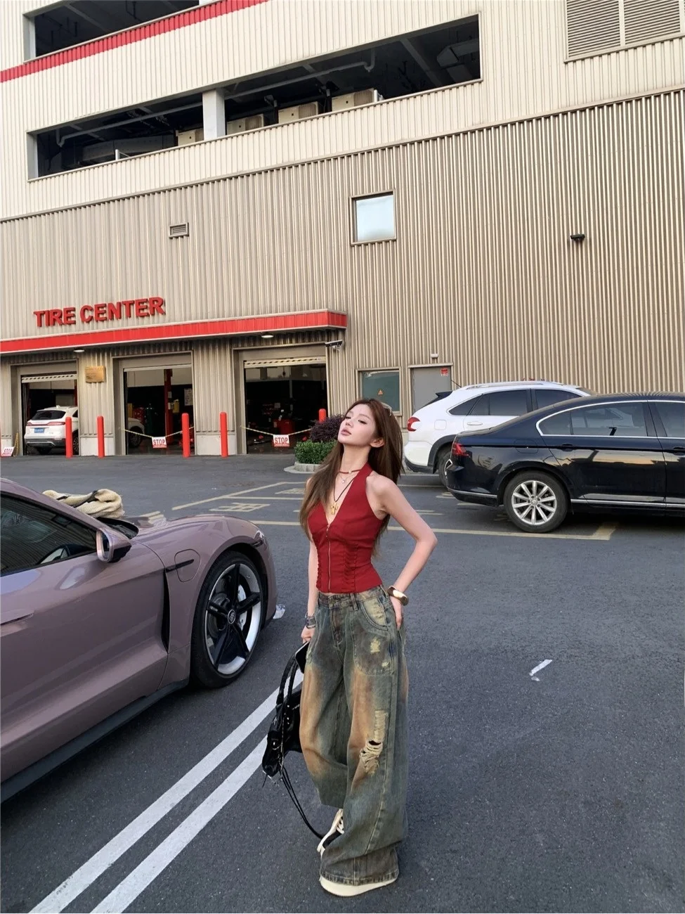 

Сексуальный джинсовый жилет Pure Desire с V-образным вырезом без бретелек, джинсы свободного кроя с высокой талией, женский летний модный повседневный комплект одежды