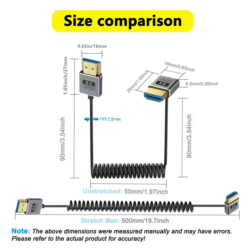 Spring Coaxial 8K HDMI Compatible Male to Male 90 ° 2.1 Version Ultra-Fine 2.5mm 8K@60Hz 48Gbps Audio and Video Connection Cable