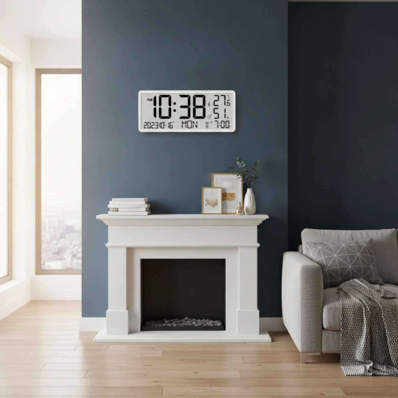 Wall Clock with Temperature and Humidity Slim Digital Wall Clock Rectangular Date for Seniors, Living Room, Office